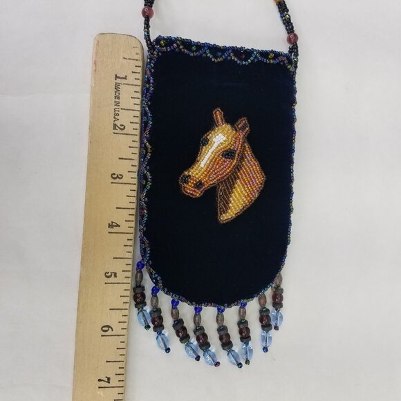 Beaded Horse Mini Bag Credit Card Holder Crossbody Pouch Velvet Navy Blue Strap - Picture 13 of 15